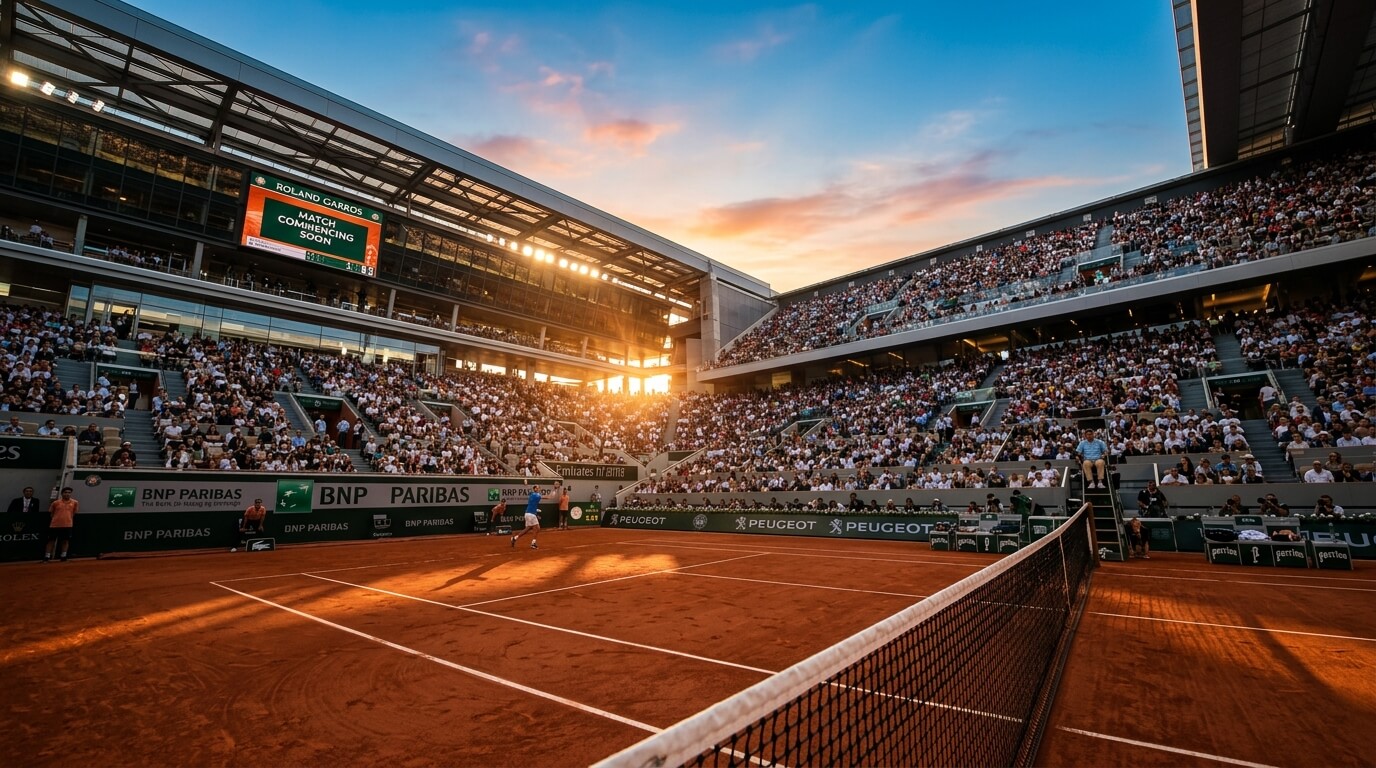 Iconic aerial view of Roland Garros stadium with red clay courts, showing the distinctive Parisian architecture and packed grandstands